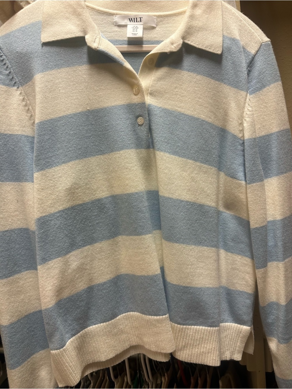 WILT Cream and Light Blue Striped V‑Neck Polo Sweater